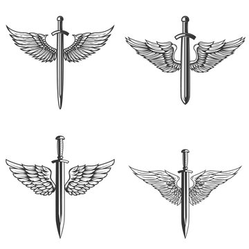 Set of emblems with medieval sword and wings. Design element for logo, label, emblem, sign.