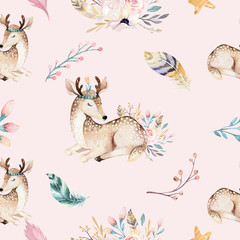 Cute family baby raccon, deer and bunny. animal nursery giraffe, and bear isolated illustration. Watercolor boho raccon drawing nursery seamless pattern. Kids background, nursery print