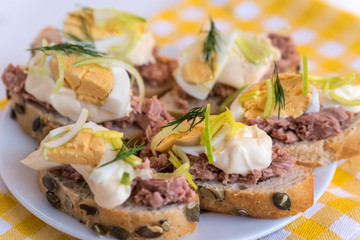 Bruschetta, snack sandwiches with tuna, egg and mayonnaise decorated by dill.