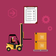 Forklift truck with boxes on pallet isolated vector illustration. Warehouse process concept.