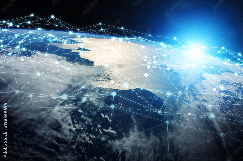 Poster Connections system and datas exchanges on planet Earth 3D rendering