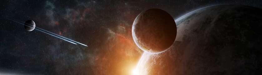 Panoramic view of planets in distant solar system 3D rendering elements of this image furnished by...