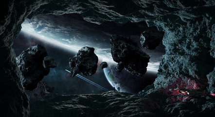 Fototapeta premium Astronauts exploring a cave in asteroid 3D rendering elements of this image furnished by NASA