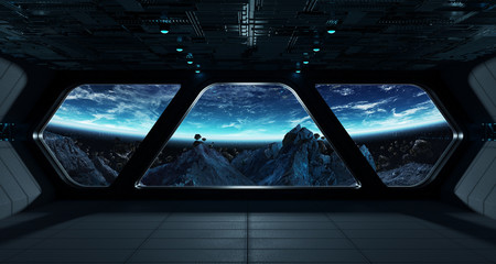 Naklejka premium Spaceship futuristic interior with view on planet Earth