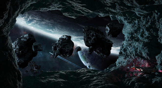 Fototapeta Astronauts exploring a cave in asteroid 3D rendering elements of this image furnished by NASA