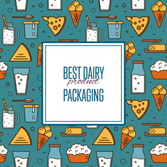 Best dairy product seamless pattern for packaging with different dairy icons in line style design, vector illustration. Organic farming background. Traditional and healthy milk products. Natural food