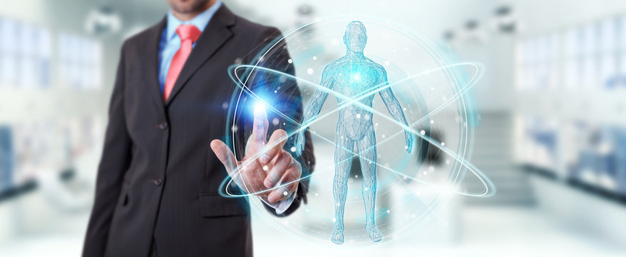Businessman using digital x-ray human body scan interface 3D rendering