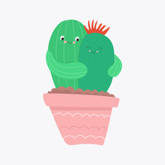 Cactus couple in love. Vector flat illustration.