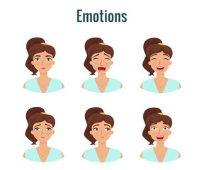 Big set of girl's emotions. Woman's face expressions. Vector flat illustration.