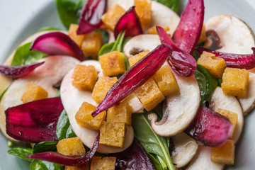 Close up of vegan salad made of red onions, spinach and crutons