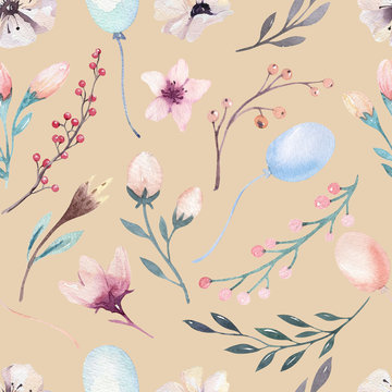 Boho seamless watercolor pattern of awild flowers, leaves, branches flower, illustration isolated, baloons bohenian decoration bouquets