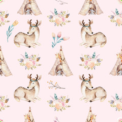 Cute family baby raccon, deer and bunny. animal nursery giraffe, and bear isolated illustration. Watercolor boho raccon drawing nursery seamless pattern. Kids background, nursery print