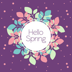 Greeting card, banner Hello Spring in trendy purple colors. Vector Illustration