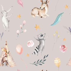 Cute family baby raccon, deer and bunny. animal nursery giraffe, and bear isolated illustration....