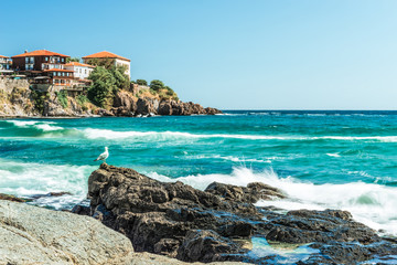  Fragment of the old town of Sozopol, Bulgaria. View of the bay on the Black Sea in the town.