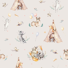 Cute family baby raccon, deer and bunny. animal nursery giraffe, and bear isolated illustration. Watercolor boho raccon drawing nursery seamless pattern. Kids background, nursery print