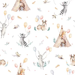 Behang Leuke familie baby raccon, herten en konijnen. dierenkwekerij giraf en beer geïsoleerde illustratie. Aquarel boho raccon tekening kinderkamer naadloze patroon. Kinder achtergrond, kinderkamer print © kris_art