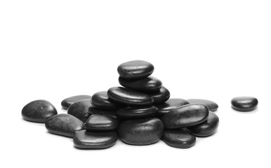Pile black rocks isolated on white background, top view