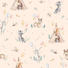 Cute family baby raccon, deer and bunny. animal nursery giraffe, and bear isolated illustration....