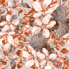 Watercolor seamless pattern of flowering branches of Apple trees.