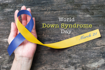 World down syndrome day WDSD March 21  Blue yellow awareness ribbon