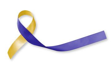 Blue yellow awareness ribbon (bow isolated on white background  with clipping path) World down syndrome day WDSD March 21 supporting disabled patient with Thoracic Outlet Syndrome - (TOS)