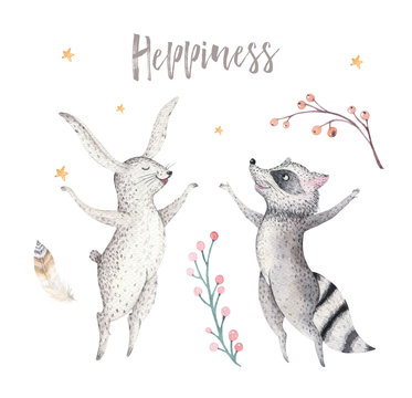 Happy jamping raccoon and bunny animal illustration for kids Watercolor boho forest cartoon Birthday patry rabbit Balloons invitation Perfect for nursery posters, greeting card