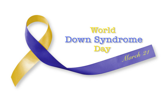 World down syndrome day WDSD March 21 Blue yellow awareness ribbon (bow isolated on white background with clipping path) for raising support on disabled patient with Thoracic Outlet Syndrome (TOS)