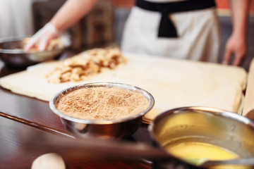 Chef cooking strudel, pastry ingredients