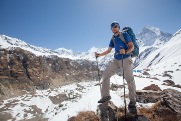 Trekker on the way to Annapurna base camp, Nepal
