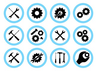 Repair service concept. Simple icons set: wrench, screwdriver, hammer and gear. Services icon or button isolated on white background. Vector illustration.