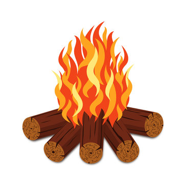 Campfire with firewood and flame torch in cartoon style. Bonfire with woodpile isolated on white background