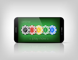 Online Poker sign template. Vector casino chips with Poker word on green smartphone display.