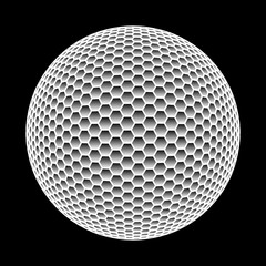 Vector abstract sphere made of hexagons isolated on black background.