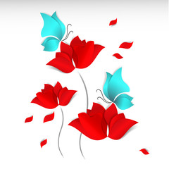 Paper-cut style red flowers, blue butterflies and flying petals on white background. 3D vector, card, day, happy, spring, summer, love, flora, design, mother day, Valentine's, wedding, wallpaper