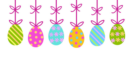 colorful decorated painted easter eggs hanging from bow ribbon with stipes flowers and dots - easter frame border