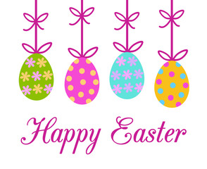 happy easter greeting card with colorful decorated painted easter eggs hanging from bow ribbon with stipes flowers and dots and calligraphy text sign