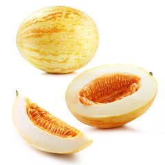 Yellow, sweet melon with slice isolated white background