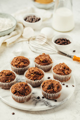 Chocolate Muffin with Chocolate Chips. Home baking. Baking and cooking concept.