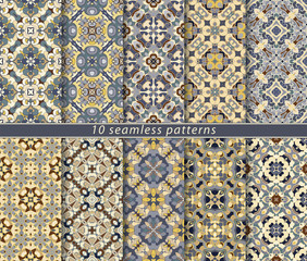 Vector set of ten seamless abstract patterns in ethnic style. Decorative and design elements for textile, book covers, print, gift wrap.