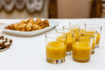 Many shot glasses with alcohol and citrus fruits juice