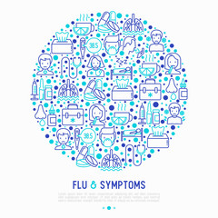 Flu and symptoms concept in circle thin line icons: temperature, chills, heat, runny nose, bed rest, pills, doctor with stethoscope, nasal drops, cough, phlegm in the lungs. Vector illustration.