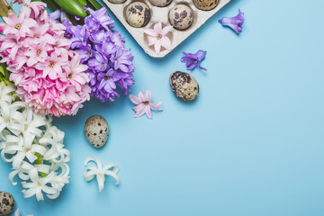 Easter Holiday Blue background. Quail eggs and hyacinth flowers