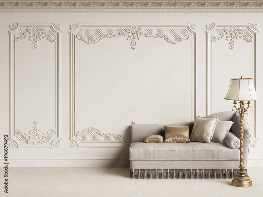 Wall mural Classic furniture in classic interior with copy space.White walls with mouldings and ornated cornice.Digital Illustration.3d rendering