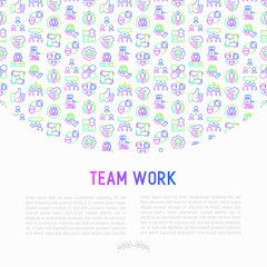 Teamwork concept with thin line icons: group of people, mutual assistance, meeting, handshake, tug-of-war, cooperation, puzzle, team spirit, cooperation. Vector illustration for banner, print media.