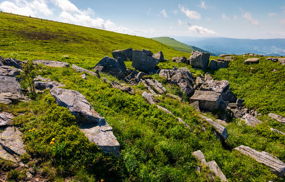 mountain summer landscape. meadow with huge rocks among the grass on top of the hillside near the peak of mountain ridge