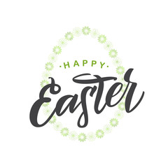 Handwritten modern brush type lettering of Happy Easter on flowers egg background.