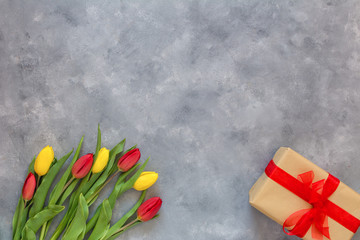Background for Birthday, Woman Day, or Mothers Day. Fresh tulips, spring flowers. Copy space.