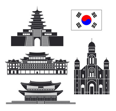 South Korea set. Isolated South Korea architecture on white background