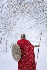 Obraz premium Spartan warrior walks in snowy winter forest in traditional long red cape. He keeps a sharp spear and a round metallic shield. Man has helmet on his head. Trees covered with snow.